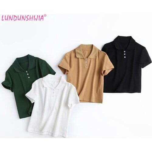 LUNDUNSHIJIA 2021 Summer Solid Color Polos Top Women Short Sleeve T-shirt Buttons Crop Top Women T-Shirts 4 Colors
