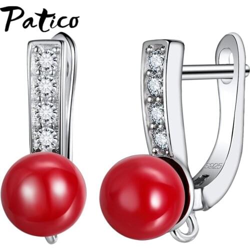 Fashion 925 Sterling Silver Hoop Earrings With AAA Cubic Zirconia CZ Red Pearl DIY Wedding Jewelry For Bridal 1Pair