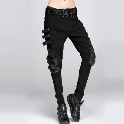 2016 New Fashion Casual Hip Hop Dance PU Leather Pants women Leather Pockets Patchwork harem Trousers womens skinny sweatpants
