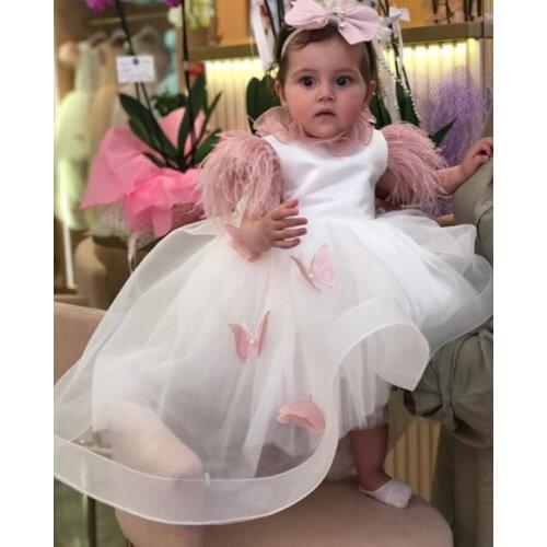 Feather Sleeve Christening Infant Baby Dress High Low Girls First Communication Dresses With Pink Butterfly Applique Custom