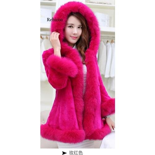Luxury faux Rabbit fur coat Women winter coat Hooded Fox Fur Collar Furry Medium-long lady Overcoat Furry Women coat