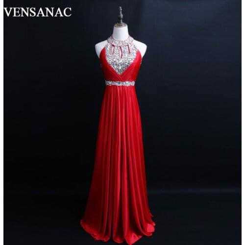 VENSANAC 2018 Luxury Crystal Halter Sequined A Line Long Evening Dresses Elegant Pleat Sash Backless Party Prom Gowns