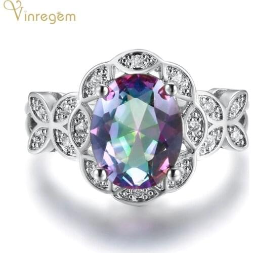 Vinregem Vintage 925 Sterling Silver Mystic Rainbow Topaz Gemstone Wedding Engagement Rings Fine Jewelry Wholesale Dropshipping