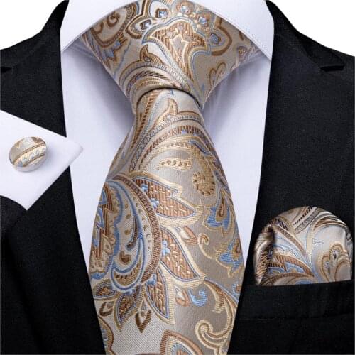 Quality Men Tie Champagne Paisley Silk Wedding Tie For Men Hanky Cufflink Gift Tie Set DiBanGu New Design Business MJ-7290