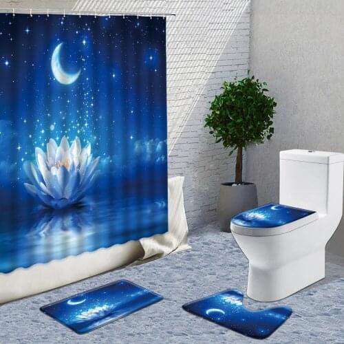 Moonlight Flowers Shower Curtain 4-Piece Set Beautiful Blue Sea Decor Curtain For Bathroom Set Of Non-Slip Flannel Mat Carpet