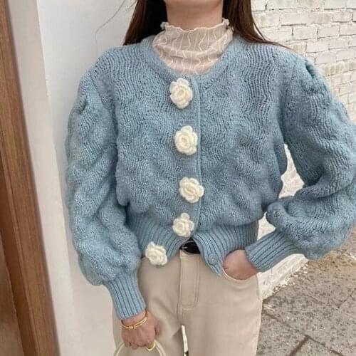 Autumn Winter New Korean Fashion Vintage Flower Buttons Knitted Cardigan Women Warm All-match Sweater Ladies Casual Pull Femme