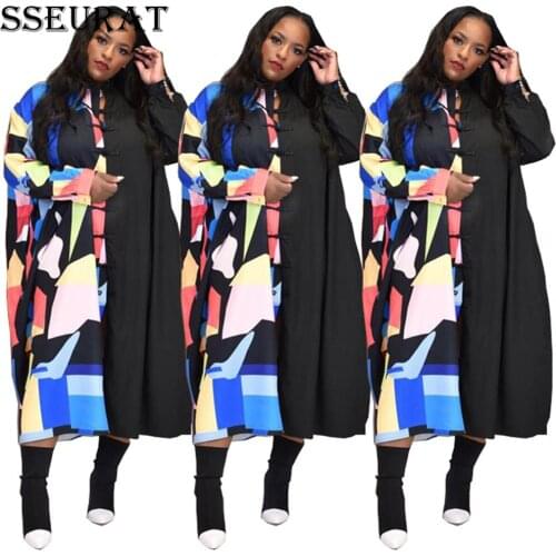 SSEURAT Print Patchwork Dress Women Loose Fashion Streetwear Stand Collar 2020 New Autumn Full Sleeve Dress