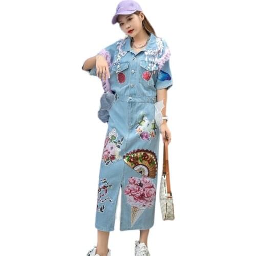 Summer Vintage Denim Dress Women 2021 New Beads Floral Printed Short Sleeve Loose Plus Size Long Dresses Sexy Backless Vestidos