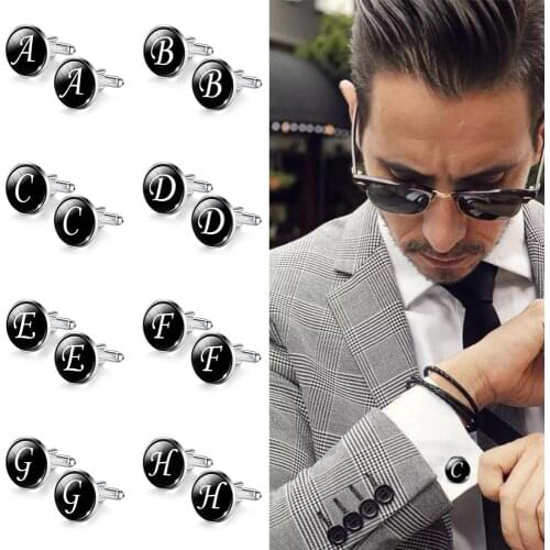 2pcs Trendy Men Cufflinks A-Z Single Alphabet Shirt Cuff Button Business Cuff links Silver Color Male Cufflinks Wedding Gifts