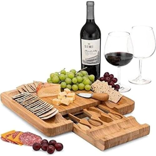 Bamboo Cheese Board with Cutlery Wood Charcuterie Platter Serving Meat Board with Slide-Out Drawer