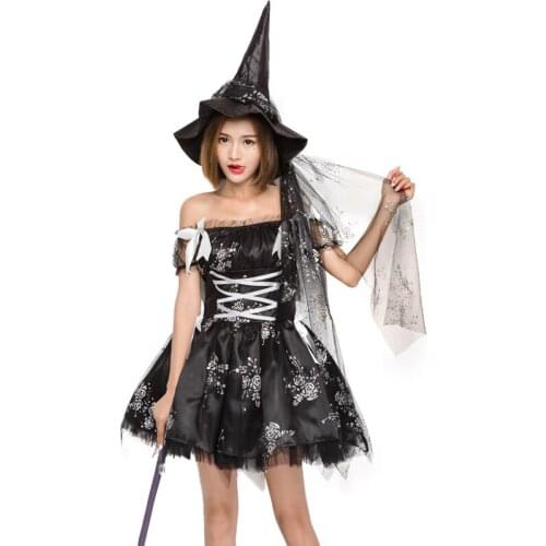 Free shipping Hallowen adult Womens Magic Moment Black witch Cosplay Costume dress with hat