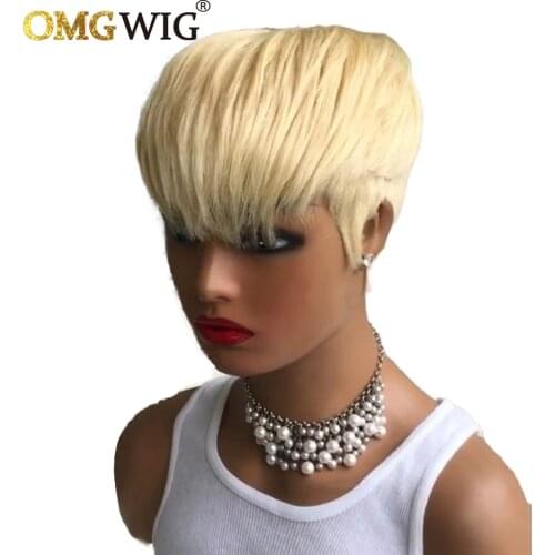 Blonde Short Wigs Brazilian Human Hair Full Machine Non Lace Front Pixie Cut Wigs For Women Straight Bob Glueless Wig With Bangs