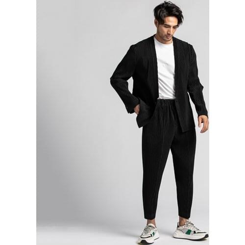 Ankle-Length Pants Elastic Waist Mens Wear Japan Pleated Trousers Male 2021 Autumn New Wrinkled Mid-Seam Open Ankle