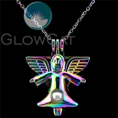 C802 Rainbow Colors Angel Wings Design Beads Cage Perfume Essential Oil Diffuser Oyster Pearl Cage Locket Necklace
