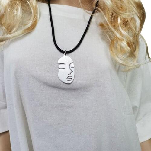 YD&YDBZ Hollow Out Silver Color Face Metal Pendant Necklaces For Women Fashion Leather Rope Long Necklace Night Party Decoration