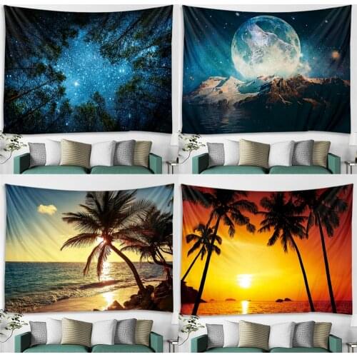 Tranquility Scenery Tapestry Starry Sky Tropical Beach Forest Celestial Wall Hanging Decor Fabric Boho Tapestry Hot Beach Towel