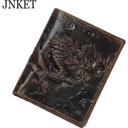 JNKET Loong Embossing Genuine Cow Leather Clutch Wallet Coins Purse Retro Oil Wax Leather Folded Purse Card Holder Notecase