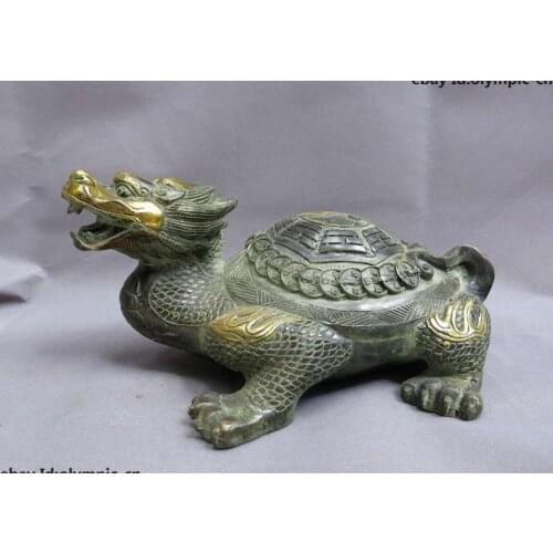 China bronze gild copper carved Feng Shui Eight Diagram Dragon Turtle Statue