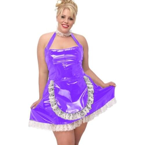 3pcs Set Cosplay Costumes PVC Sleeveless Sissy Dress with Apron with Necklace Fashion Knee Length Maid Erotic Clothes Plus Size