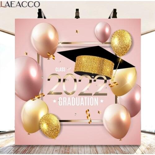 Laeacco 2021 Congrats Themed Party Selfie Backdrop Graduation Class of Banner Background Glitter Gold Balloons Photographic