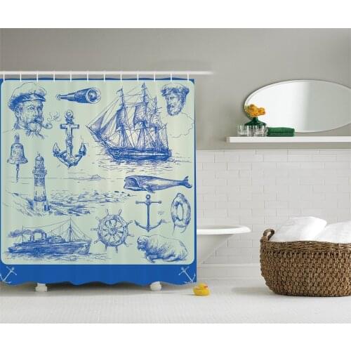 Nautical Anchor Shower Curtain Whale Sail Boat Steering Wheel and Old Lighthouse Fishing Theme Sketchy Bathroom Curtains