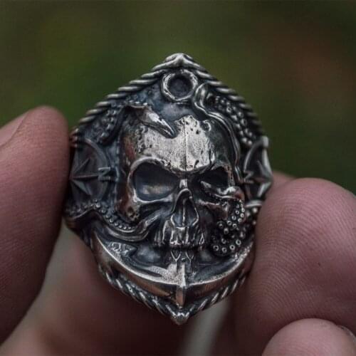 Vintage Pirate Anchor Compass Mens Ring Hip Hop Punk Octopus Tentacle Anchor Skull Rings for Men Boho Jewelry Party Gift