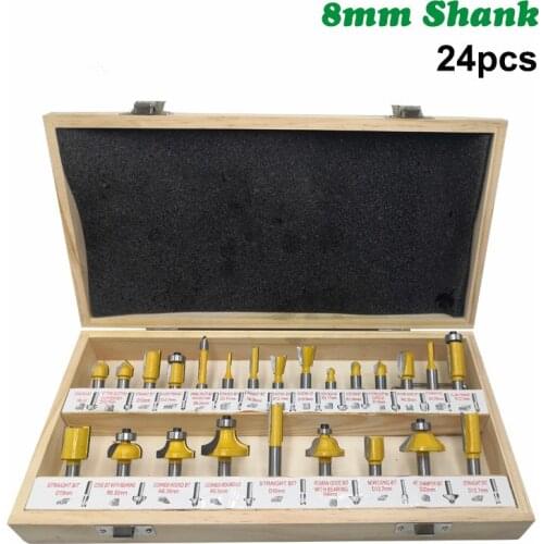 24PCS 8mm Milling Cutter Shank DIY Woodworking Router Bits Set for Wood Flush Straight Chamfer Trimming Engraving Tool