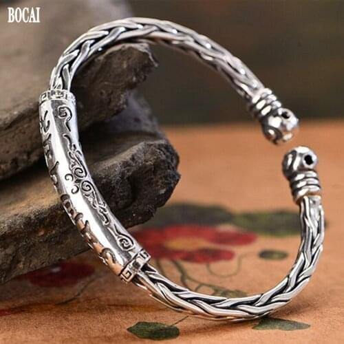 BOCAI New 2021 Trend Real S999 Silver jewelry Six-character Mantra Bracelet Good Luck Retro Twist Man Bracelet