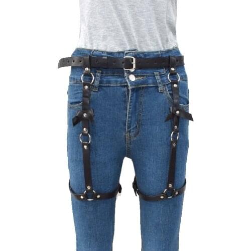 New Fashion Leather Waist Belt Women Harness Garter Belt With Bows Restraints Suspender Punk Goth Body Waist To Leg Bondage