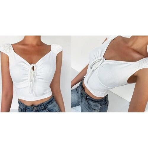 Sexy Women Cropped Top Short Sleeve T Shirt Summer Lace Up Slim Fashion Casual Elegant Hollow Out V Neck T Shirt