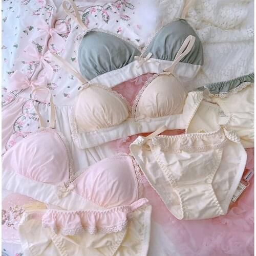 Detachable double shoulder strap bra set pure cotton fabric simple solid color triangle cup lingerie set wirefree underwear