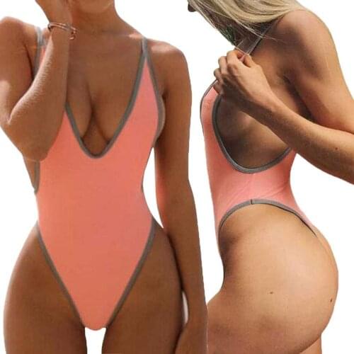 2021 Sexy Monokini Swimsuit Women One Peice High Cut Solid Bikinis Deep V Neck Bathing Suit Backless Thong Brazilian Swimwear
