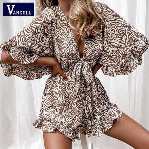 Vangull Casual Striped Print Playsuit Women V Neck Bow Short Jumpsuits Ruffles Playsuit Loose Plus Size Female Beach Rompers