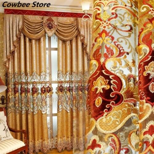 Golden Colorful Chenille Embroidered Curtains High-end Luxury Villa Living Room Bedroom Curtain Cloth