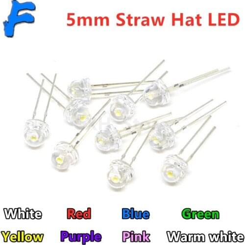 100PCS 5mm Straw Hat LED Diode Super Bright White F5 Power Light Emitting Diode Red Yellow Green Blue Warm White Pink Purple