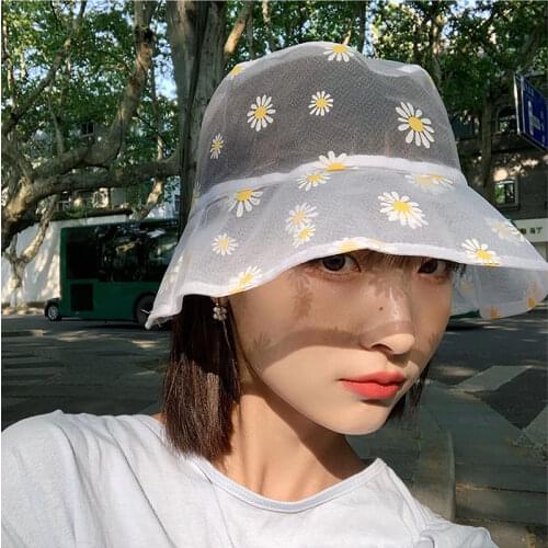 2020 Daisies Embroidered Buckets Hat Women Transparent Lace Flower Summer Thin Daisy Yarn Sun Hat High Top Fashion Daisy Sun Cap