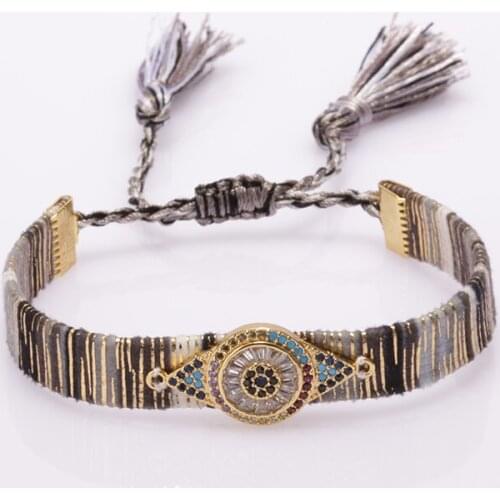 Deep blue cz paved evil eye protection charm grey brown tan beige soft cotton silk wristband adjustable gold bracelet for woman