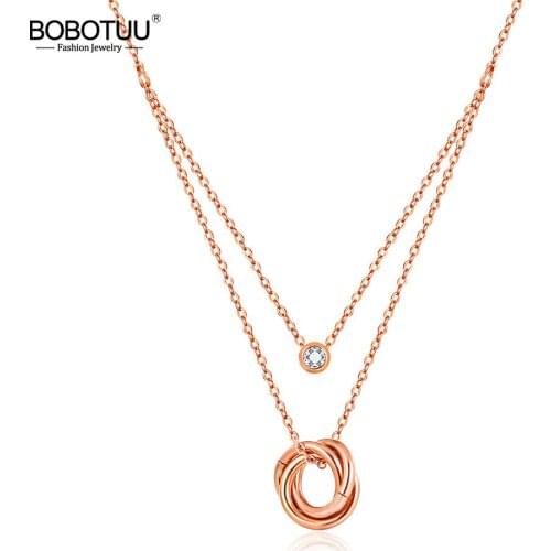 BOBOTUU Double Layer Stainless Steel Choker Necklace Trendy Cubic Zirconia Charm Three Circles Pendant Necklace Jewelry BN18282
