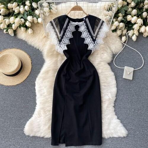 Elegant Bodycon Black Midi Dress Femme Sexy Side Slit Package Hip Lace Patchwork Slim Party Dress Summer Vintage Dresses M76125
