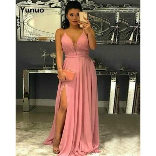 Elegant chiffon Evening Dresses V Neck Spaghetti Straps Prom Gowns Side Slit A Line Floor Length Prom Dresses Robe De Soiree