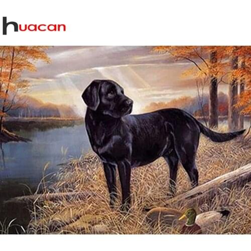 Huacan Diy Diamond Painting Dog Black Home Decoration Diamond Embroidery Mosaic Animal River Scenery Wall Stickers