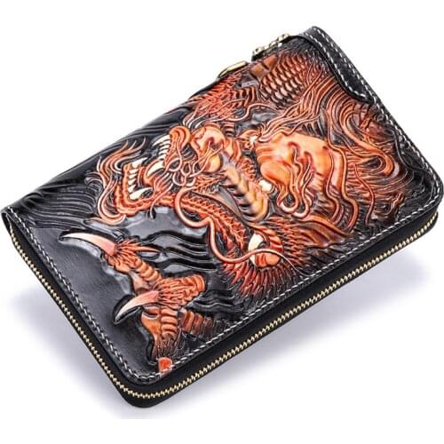 Handmade Genuine Leather Wallets Carving Dragon Tiger Purses Men Passport Clutch Vegetable Tanned Leather Wallet Card Holder