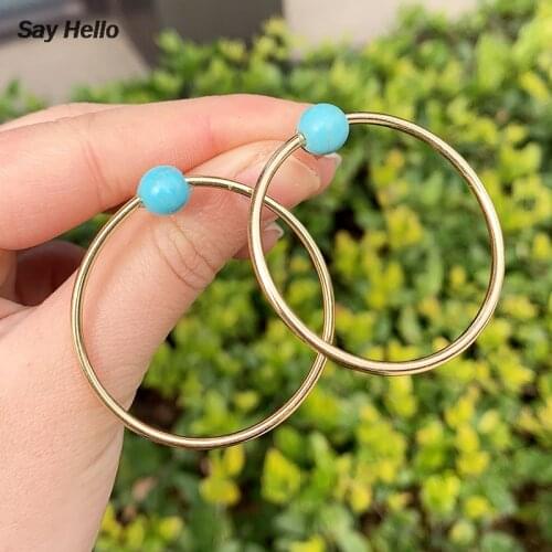 SAY HELLO Round Turquoises Metal Large Circle Inlaid Stone Dangle Earrings Temperament Delicate Alloy Jewelry Gift A0109