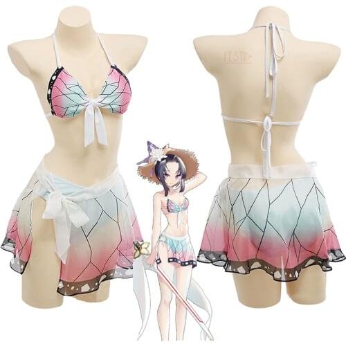 Anime Demon Slayer Swimsuit Kochou Shinobu Cosplay Costume Woman Bikini Sexy Beach Swimsuit Set Swimwear Bathing Suit for Girl