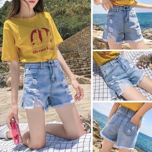 Summer Jean Shorts Women Casual Fashion Grind Hole Washed Denim Hot Shorts Girls Ladys High Waist Shorts Slim Fit Beach Style