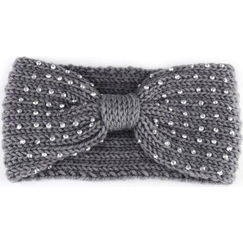 New Winter Warmer Ear Knitted Headband Bow Rhinestone Headwear For Women Girls European Solid Turban Hair Band Head Warp