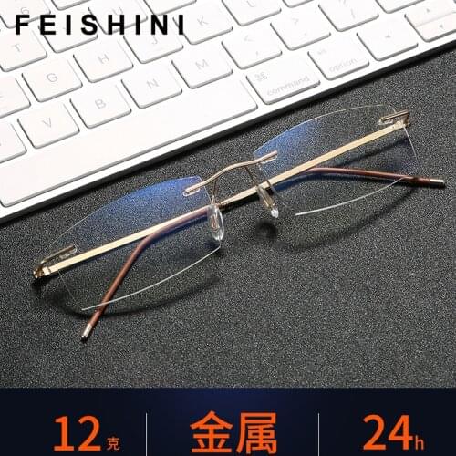 Feishini Anti Blue Rays Tinted Lenses Computer Rimless Reading Glasses Men Stainless Steel Diopter Presbyopic Eyeglasses Women