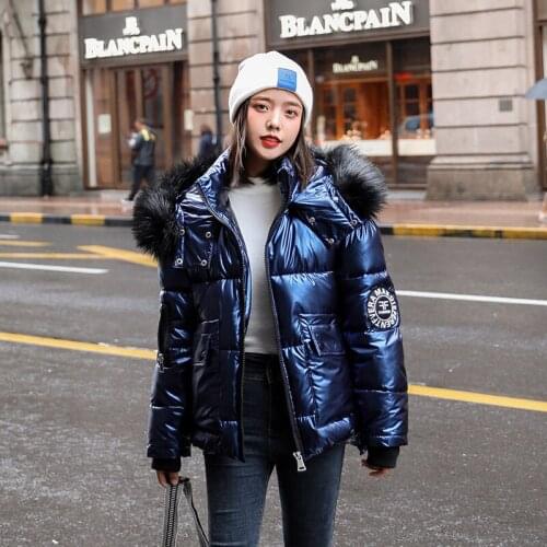 Autumn Winter Womens Short Glossy Down Cotton Hooded Parkas With Big Fur Collar Casual Pearlescent Leather Thick Winter Jacket