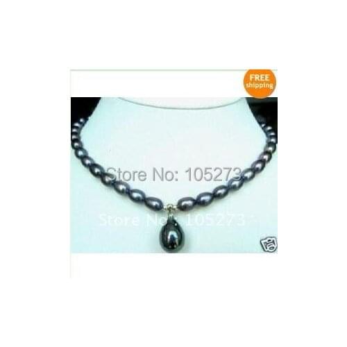 Pearl necklace 18'''inchs AA 7-9MM Black color freshwater Cultured pearl + shell necklace womans jewelry Free shipping NF19