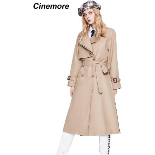 Cinemore 2021 NEW Windbreaker Solid color Long Trench with Belt Turn-down Collar Spring Autumn Cloak Womens trench coat 92239